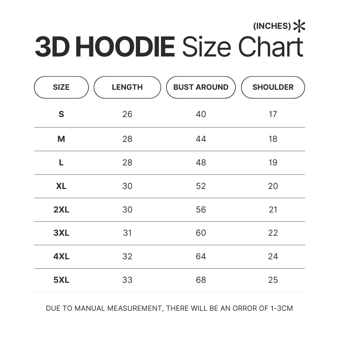 3D Hoodie Size Chart - Black Butler Merch